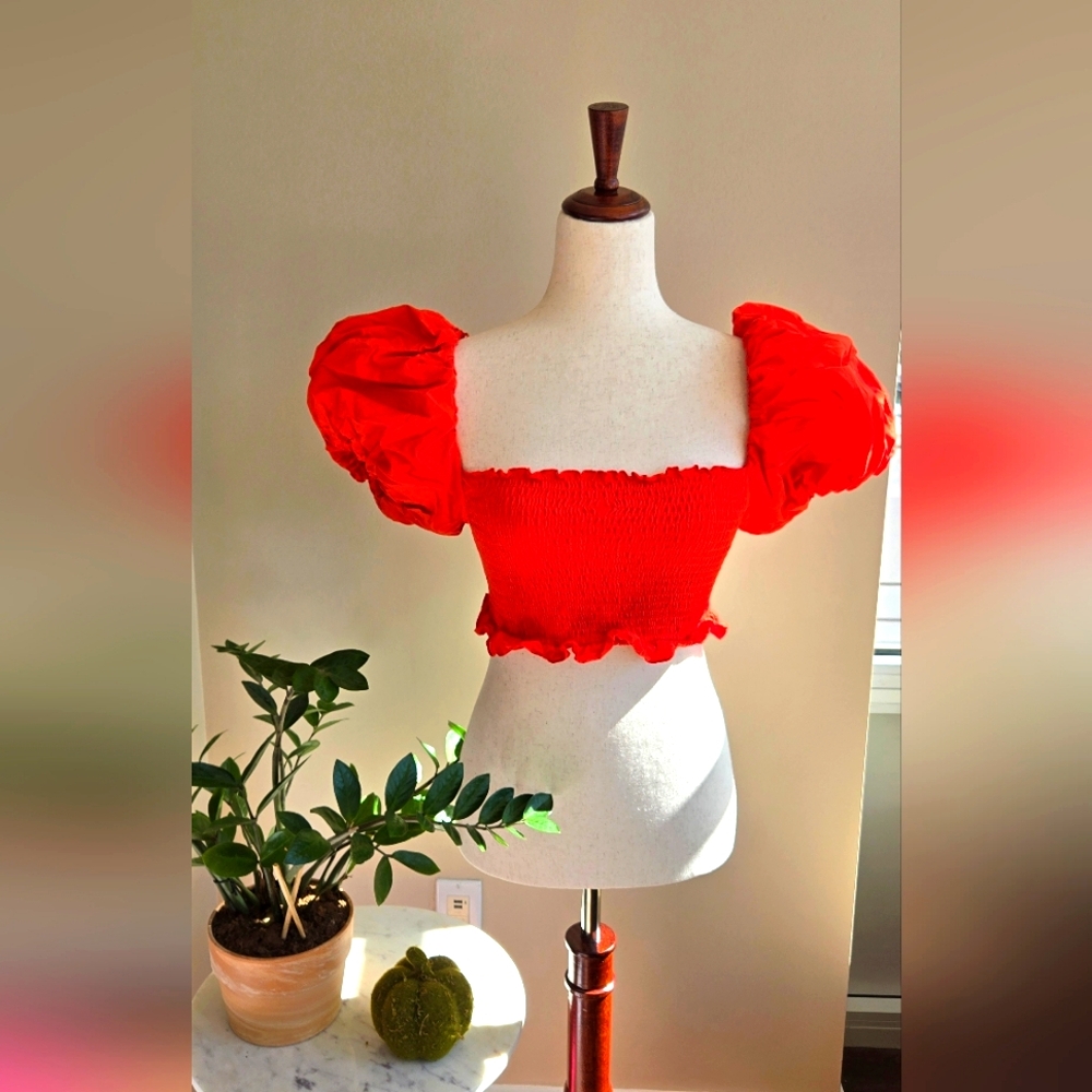 ZARA Puff-Sleeve Smocked Crop Top - Size M